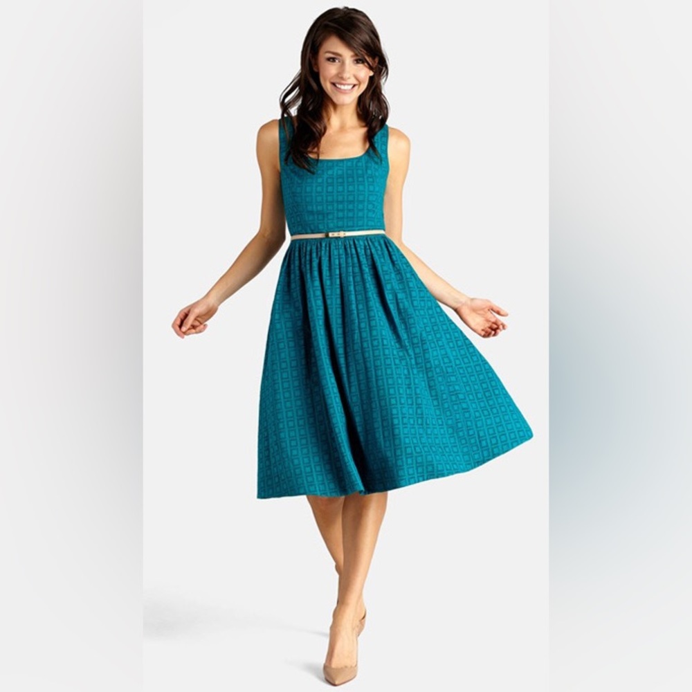 Donna Morgan Turquoise Eyelet Lace Fit Flare Dress Cotton Size 14